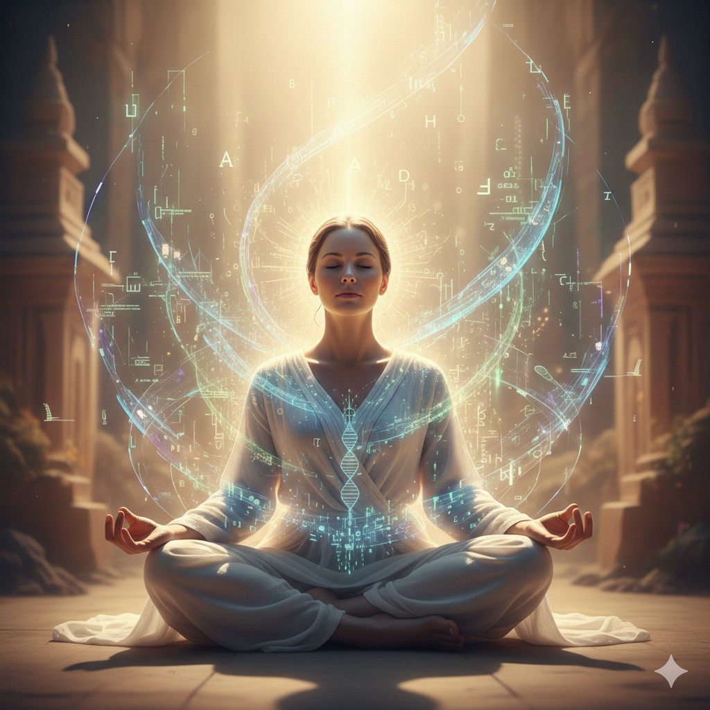 A woman meditating cross-legged, surrounded by an aura of modern and high-tech symbols