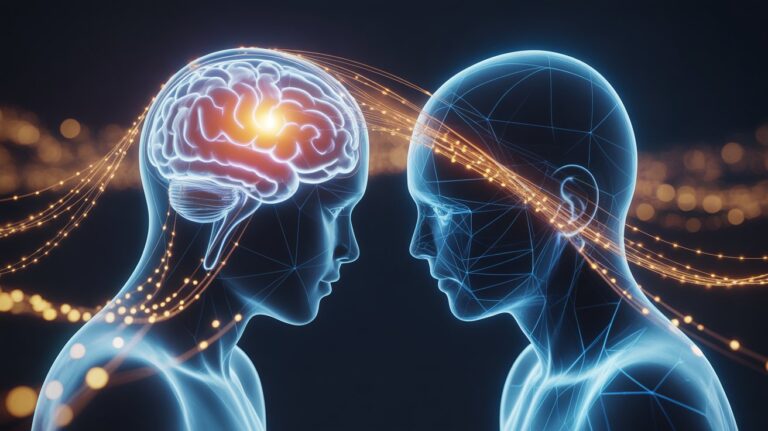 A glowing neural network brain gently interacting with a human silhouette